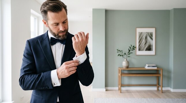 Man in tuxedo fastening cufflink in a modern home interior  