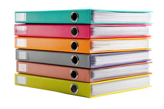 Stack of colorful file folders with metal clasps isolated on transparent background. Vibrantly colored stack of binders ready for organization isolated on white background.