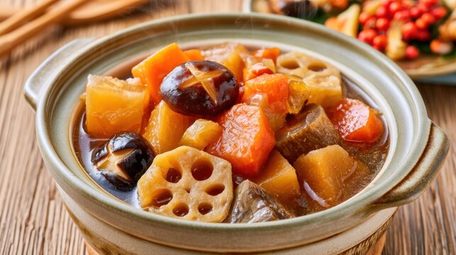 Japanese simmered vegetables with lotus root, shiitake mushrooms and carrots in ceramic bowl, traditional home cooking and food preparation concept