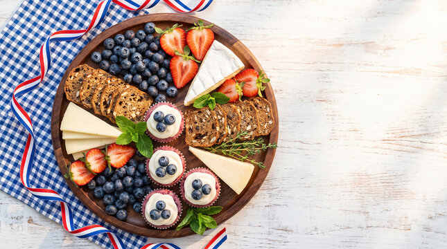 Wooden serving tray with berries cheese sliced bread and herbal accents.