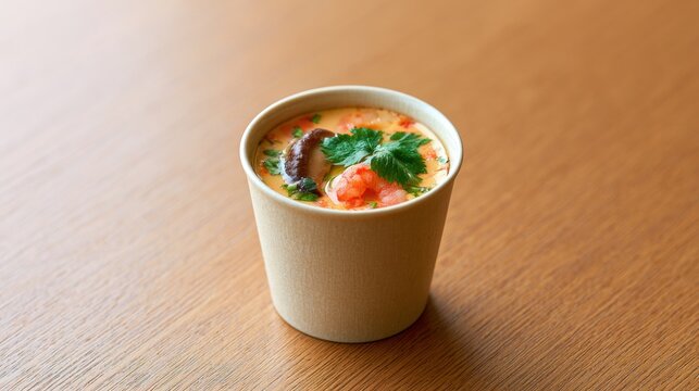 Dashi soup in paper cup with shrimp, mushroom and parsley on wooden table, Japanese cuisine and takeaway food concept