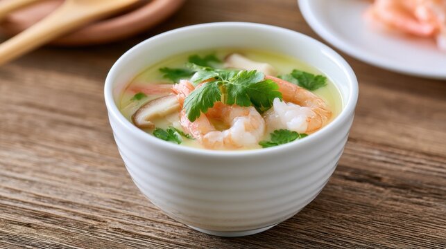 Shrimp clear soup with mushrooms and herbs in ceramic bowl, Japanese broth dish and seafood dining concept