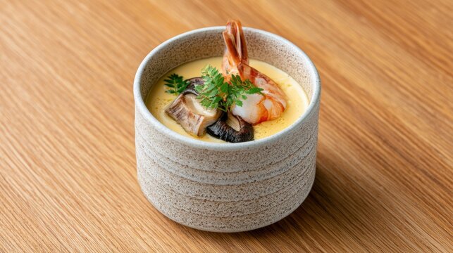 Chawanmushi with shrimp, mushroom and parsley garnish in ceramic bowl, Japanese savory custard and dashi cuisine concept