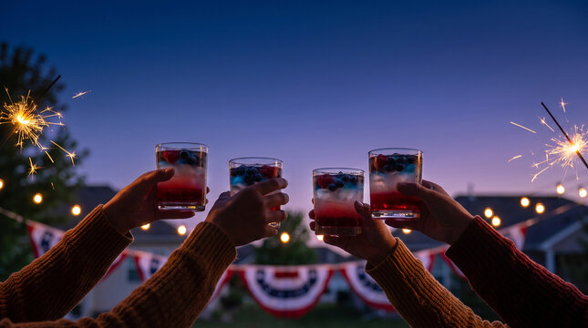 People toasting with red white and blue layered drinks and sparklers.
