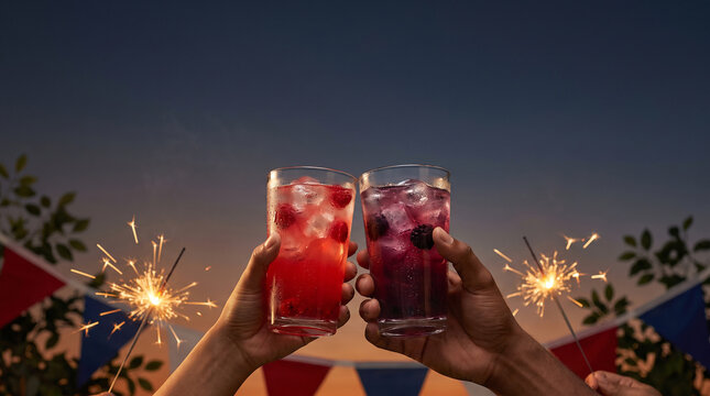 Hands holding red and purple berry drinks with sparklers and flags.