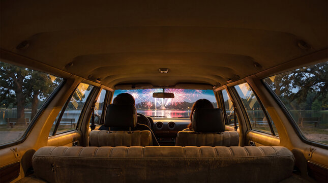 Retro station wagon interior view of lake during evening light event.