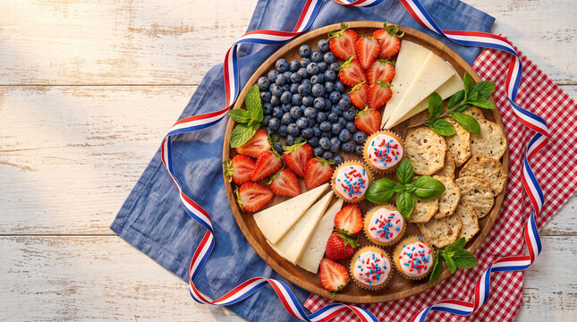 red white blue fruit cheese board circular platter rustic wooden surface.