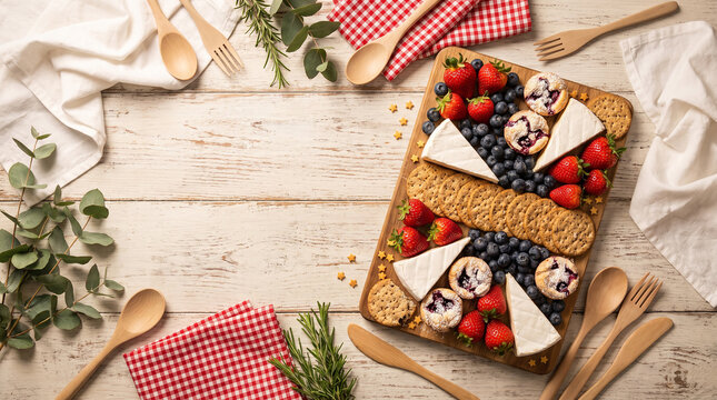 Red white and blue cheese board with fruit and muffins on table.