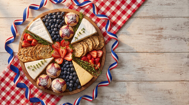 Red white and blue patriotic cheese board with fruit and muffins.