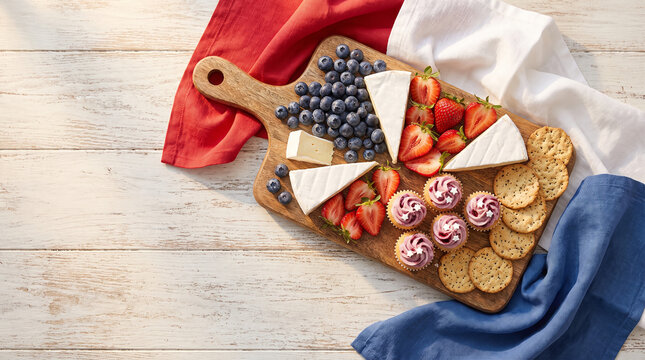 Red white and blue cheese board with fruit and cupcakes on board.