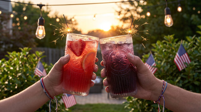 Two hands toasting with colorful iced beverages in decorated glasses.