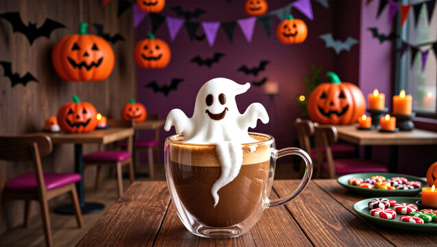 A glass cup of coffee with ghost foam art stands on a wooden table in a caf&eacute; decorated with Jack-o&rsquo;-lanterns, bats, and candies. Ideal for Halloween ads, social media, festive and cafe marketing.