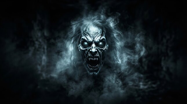 Frightening Supernatural Dark Wraith Emerging Surrounded by Hazy Thick Mist in Monochrome Style