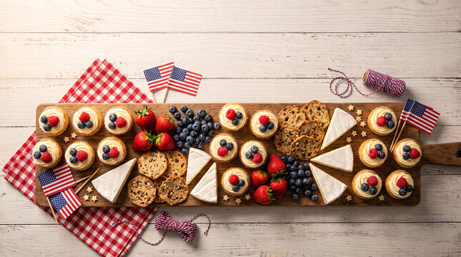 Wooden board with mini cheesecakes, fresh berries, cheese, crackers, flags.