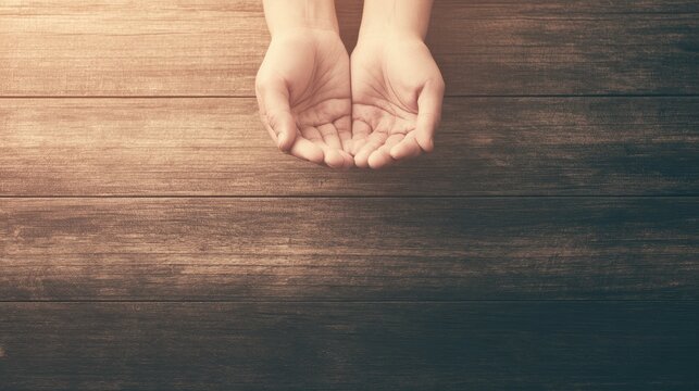 Helping hands offer diverse goods on wood.