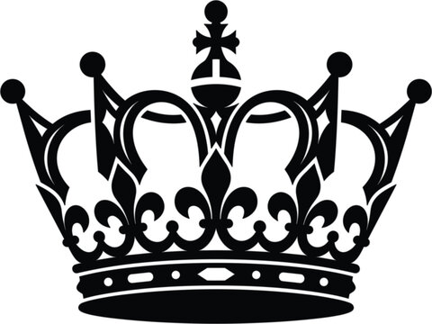 Black and white imperial crown icon with fleur-de-lis motifs, spherical finials, and a central cross, isolated on a white background