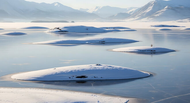 Snow covered islands floating on a frozen lake with distant mountains under a blue sky