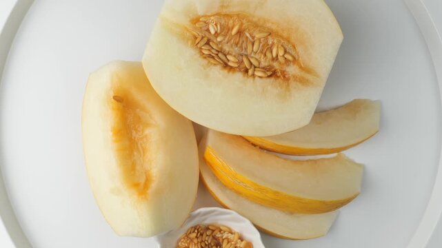 Sliced fresh yellow melon rotating on white background
