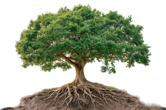 Large green leafy tree with extensive roots isolated on transparent background. The majestic solitary tree of strength and growth isolated on white background.