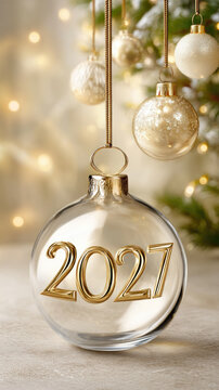 Golden and white christmas ornaments, including one displaying the year 2027, are hanging in a festive indoor setting with a blurred background of illuminated lights from a christmas tree