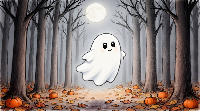 Gentle naive hand-drawn friendly ghost in the middle of the forest. Cute storybook Halloween illustration.
