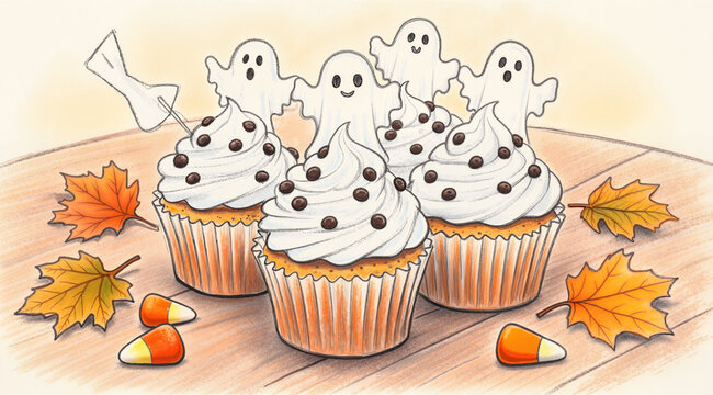 Delicious naive hand-drawn handmade Halloween ghost cupcakes on a table. Cute storybook illustration for cards.
