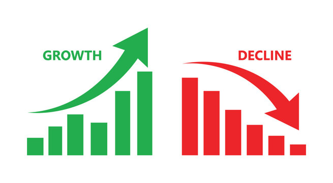 Growth and Decline Comparison. Two contrasting bar charts illustrate the concept of growth and decline, with an upward green arrow signifying progress and a downward red arrow indicating a decrease.