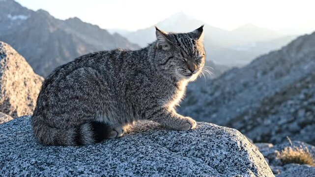 Wildcat Sentinel on Rocky Summit: A solitary wildcat, with its striking tabby coat and intense gaze, rests majestically upon a large rock.