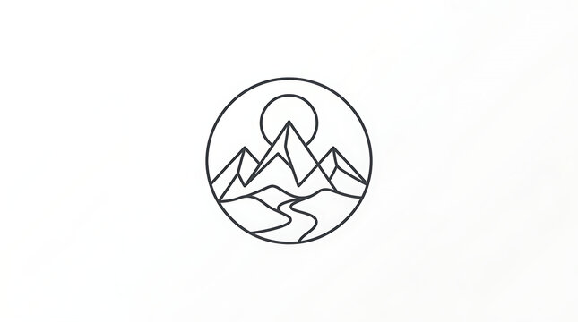 Minimalist circular emblem design depicting mountains and a river in a clean black line art style with mountain