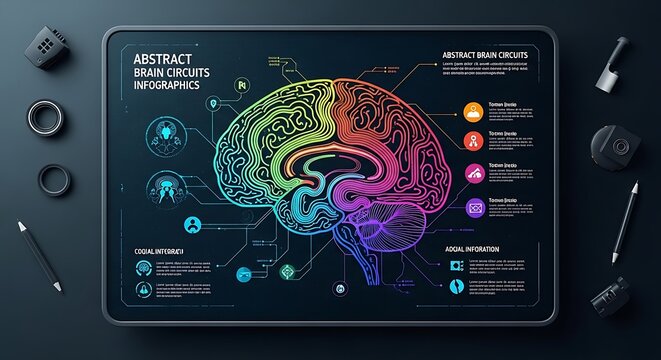 Digital tablet displaying a colorful abstract brain circuit infographic on a dark desk surface with screen detailed glowing