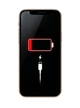 Modern smartphone displaying a red low battery warning and charging cable symbol, isolated on transparent background. Low power, discharged phone, urgent charging, power outage and energy shortage con