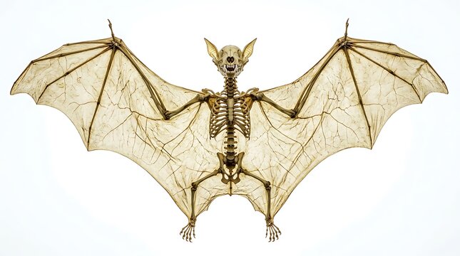 Bat skeleton specimen with extended wings isolated on white background
