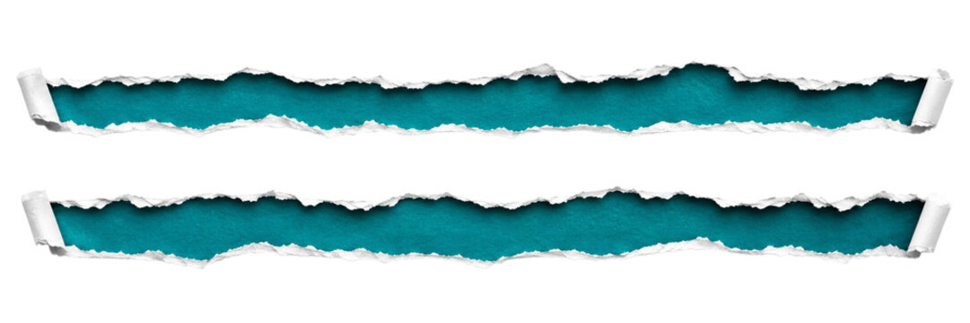 A set of two horizontal paper strips featuring a vibrant blue color and realistic torn, ragged edges. These versatile design elements are perfect for scrapbooking, digital collages