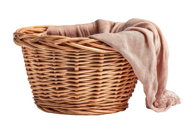 Obraz premium Wicker laundry basket with folded beige towel draped over side isolated on transparent background. Elegant wicker basket with soft pink blanket isolated on white background.