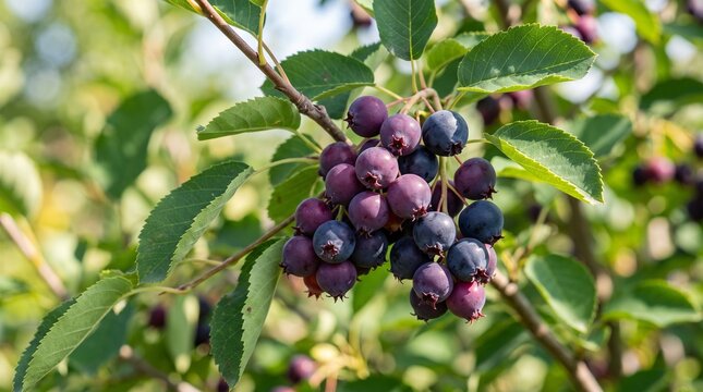 Serviceberry Fruits Ripening on a Branch with Green Leaves