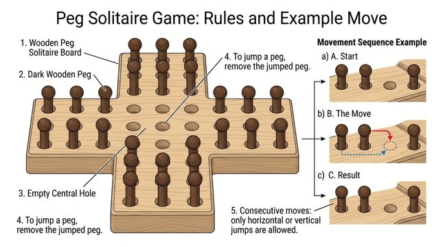 Clean Peg Solitaire Game Board with Wooden Pegs and Movement Rules Illustrated with high quality professional line art symbols for modern creative design and digital branding projects