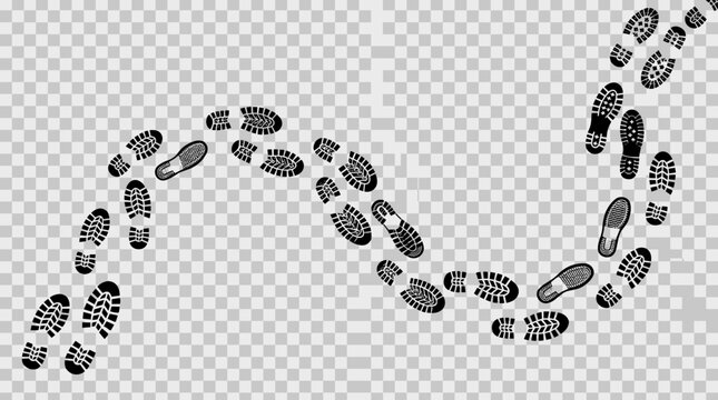 Black boot footprints path, winding shoe track trail vector, human footsteps silhouette on transparent background, walking route graphic