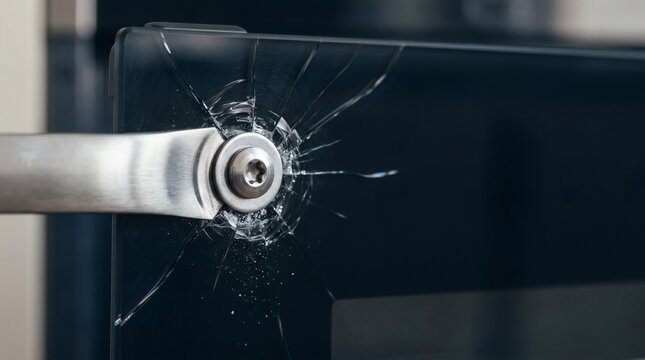 Broken glass of a kitchen oven door with spiderweb cracks around the handle screw