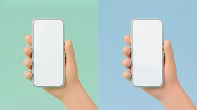 3d cartoon hands holding smartphones with blank screens against green and blue backgrounds