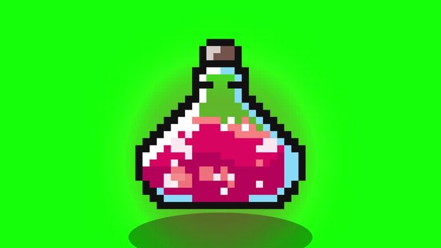 Retro 8-Bit Pixel Art Health Potion Flask on Green Screen