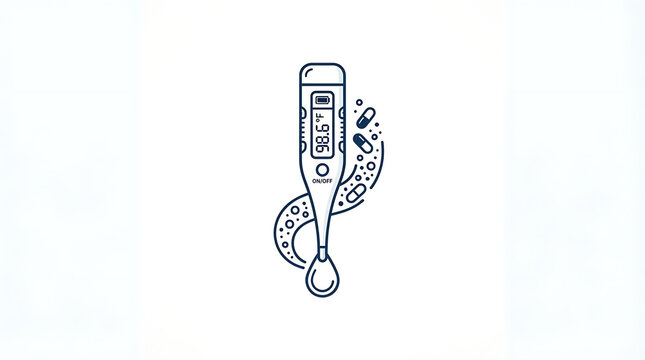 Digital thermometer icon with medical pills and abstract swirl elements on a white background with thermometer displays temperature