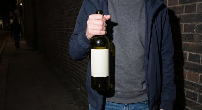 Person holding a dark green glass wine bottle with a blank white rectangular label mockup under direct flash lighting.