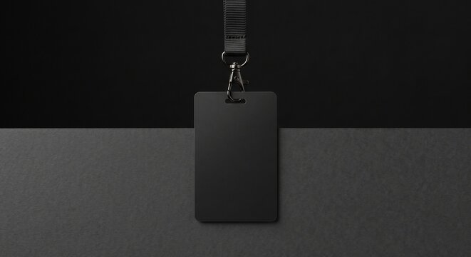 Photorealistic vertical blank black ID badge card mockup hanging with a woven lanyard against a two-tone minimalist dark background.