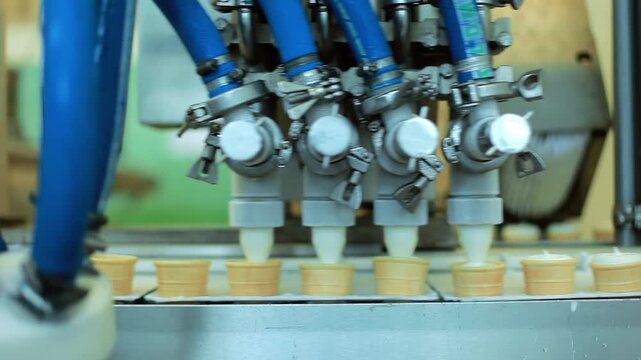 Ice cream factory production line close up. Machine filling wafer cups dessert.