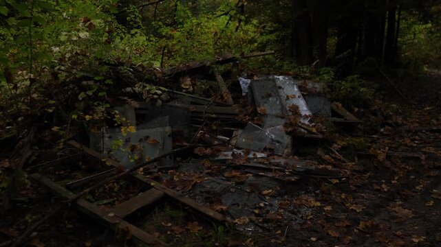 A pile of garbage in Alaska in the woods in the evening, 4k traffic is close