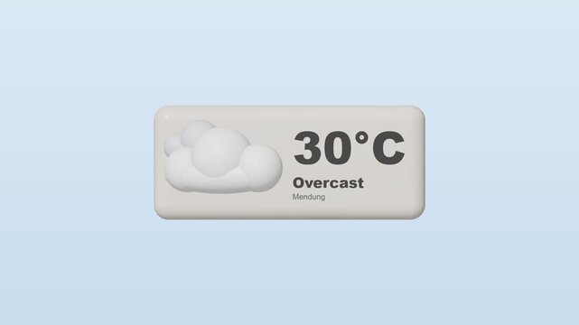 3D render of weather widget showing temperature rising with overcast cloud icon