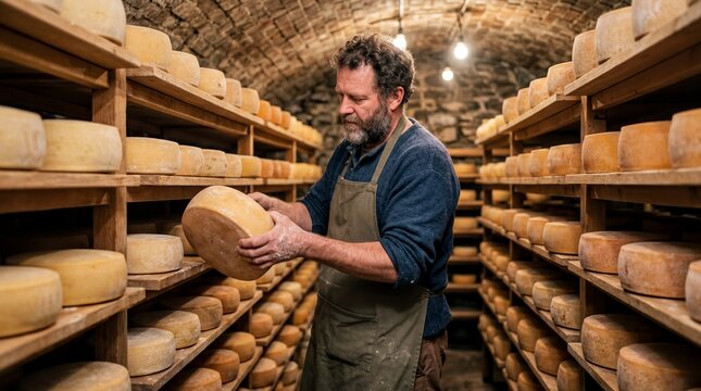 artisan cheese production, a cheese maker diligently turns cheese wheels in a rustic aging cellar