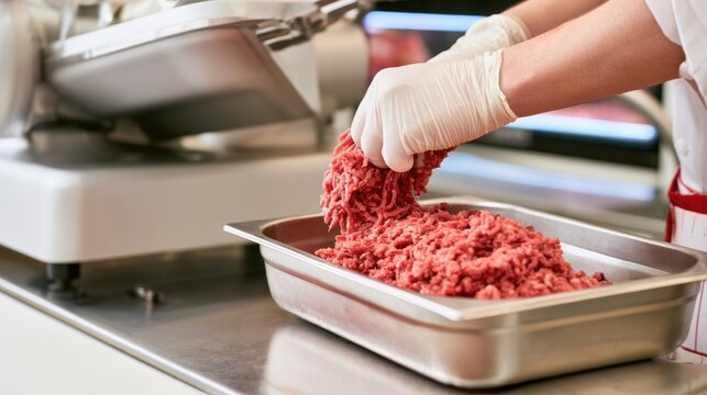 Gloved butcher handling ground meat in stainless tray beside meat grinder, food processing, meat preparation and hygienic production workflow