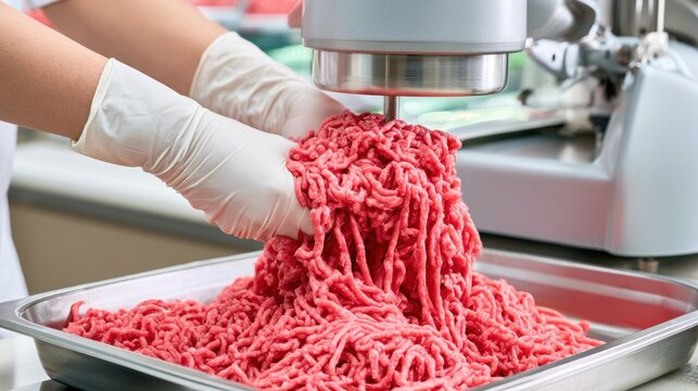 Gloved hands handling ground meat beside meat grinder, food processing, butchery preparation and meat production workflow