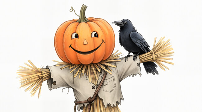 Whimsical naive hand-drawn Halloween pumpkin scarecrow isolated on white. Cute storybook illustration for fall designs.
